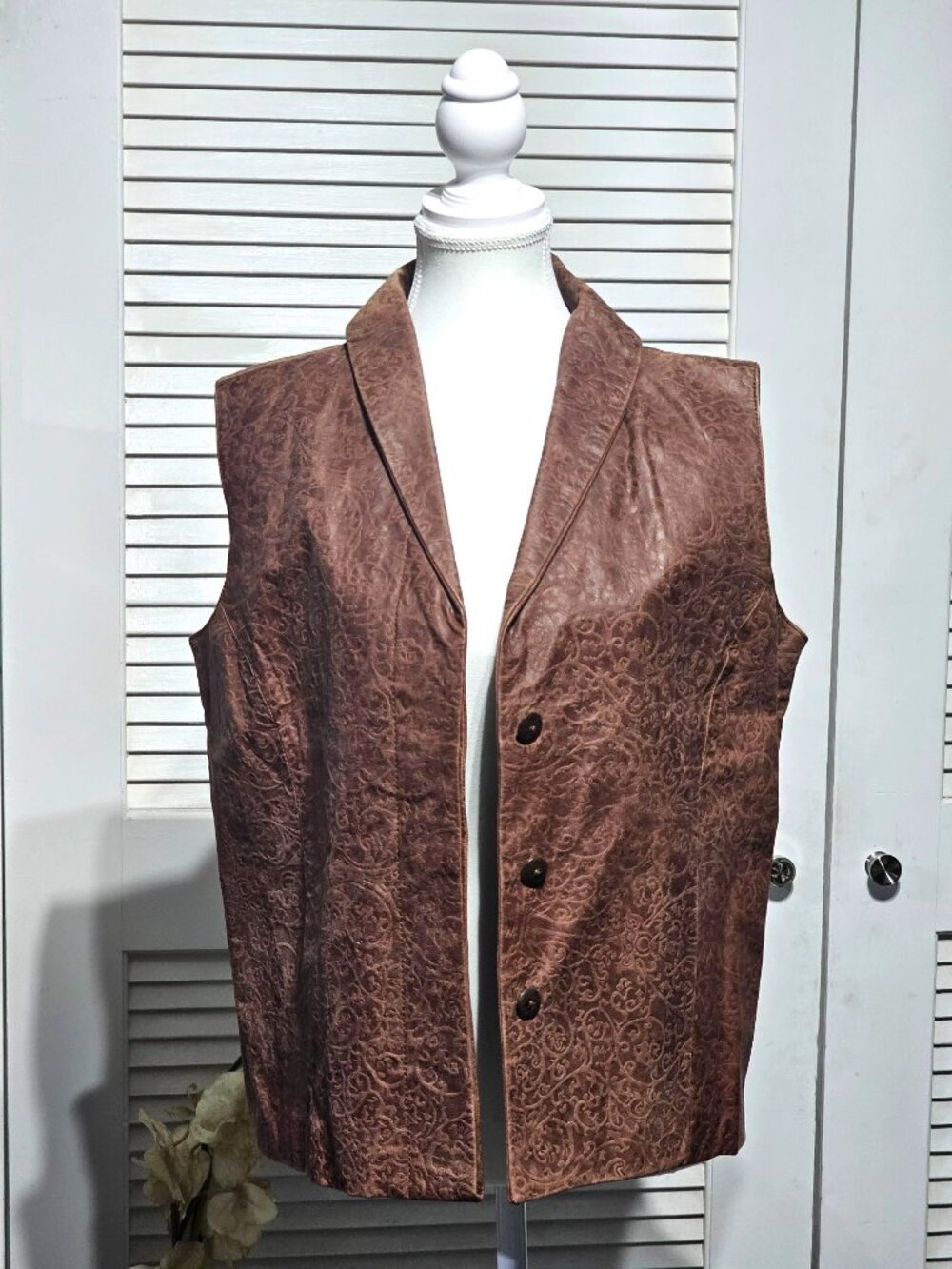 NWT Coldwater Creek Women's Embossed Brown Leather Button Front Vest Size M 3221 - Picture 3 of 12